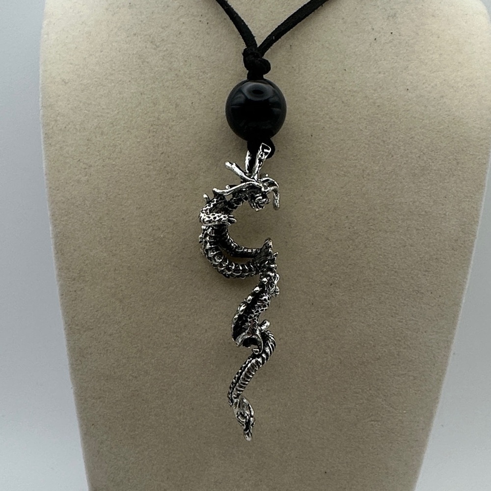 Silver Dragon Pendant Necklace on Faux Leather - Picture 2 of 7